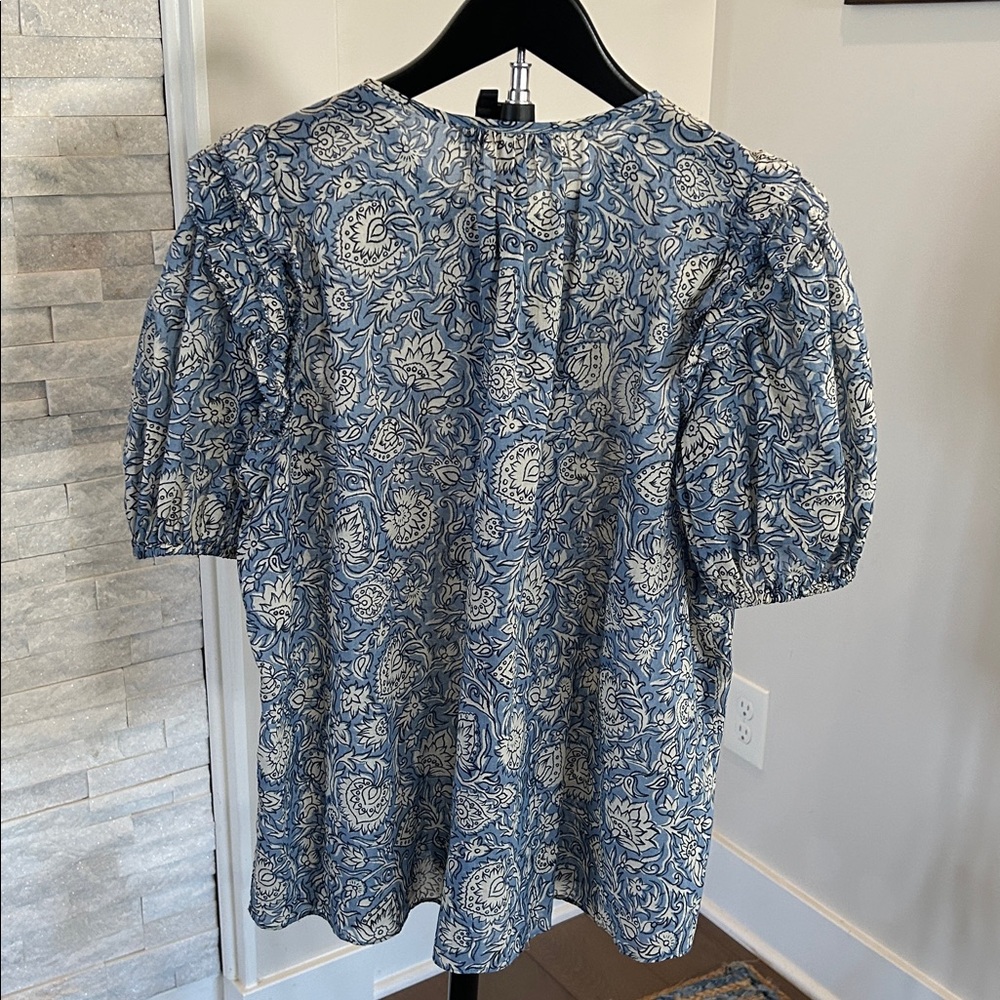 Avara Blue Paisley Puff Sleeve Peasant Blouse | Boho Floral Top - Picture 2 of 4